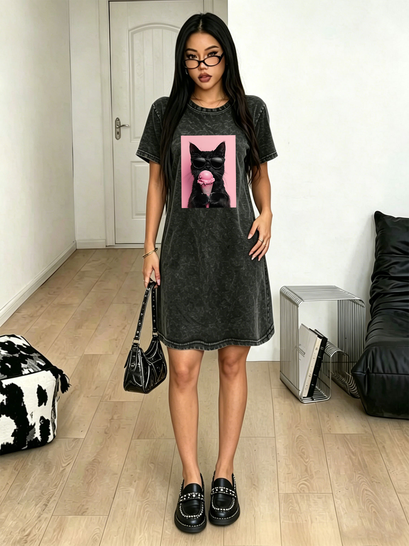 Streetwear Brand Cat - Винтажное платье-футболка с эффектом потертости для