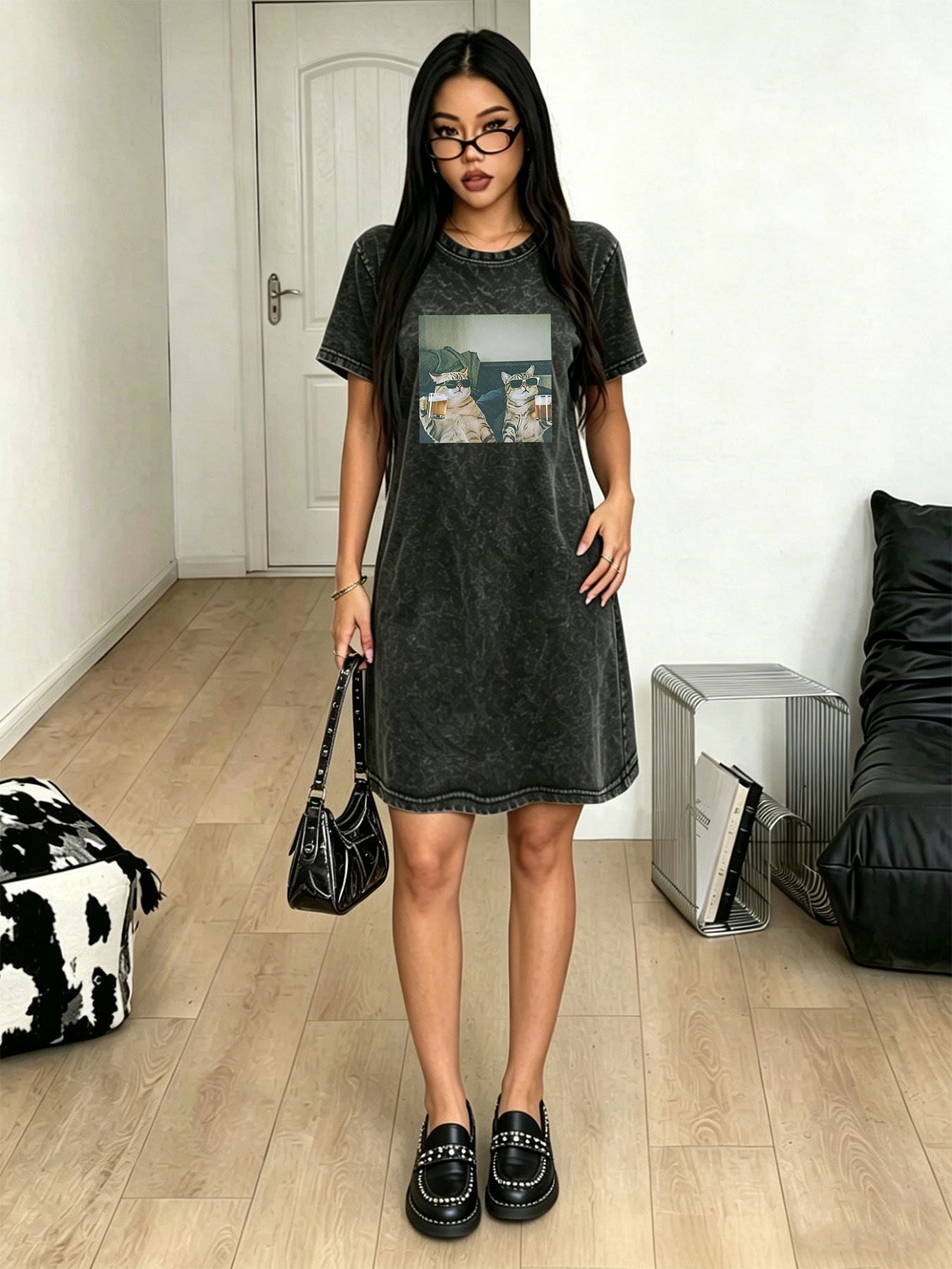 Streetwear Brand Cat - Винтажное платье-футболка с эффектом потертости для