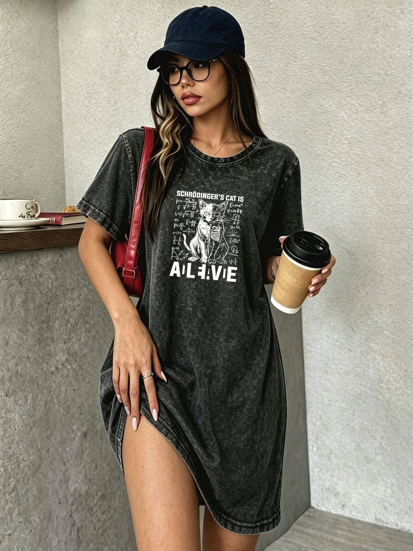 Streetwear Brand Cat - Винтажное платье-футболка с эффектом потертости для